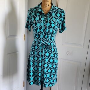 Chic Geometric Patterned Midi Dress in Blue and Black